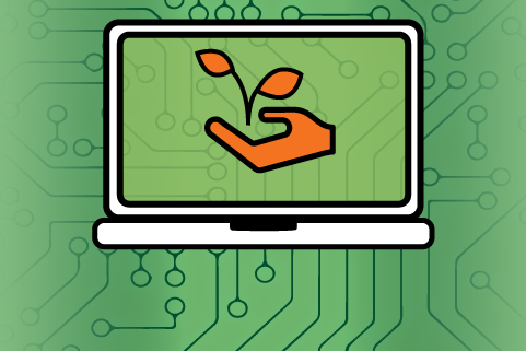 icon of hand holding plant in the center of a laptop